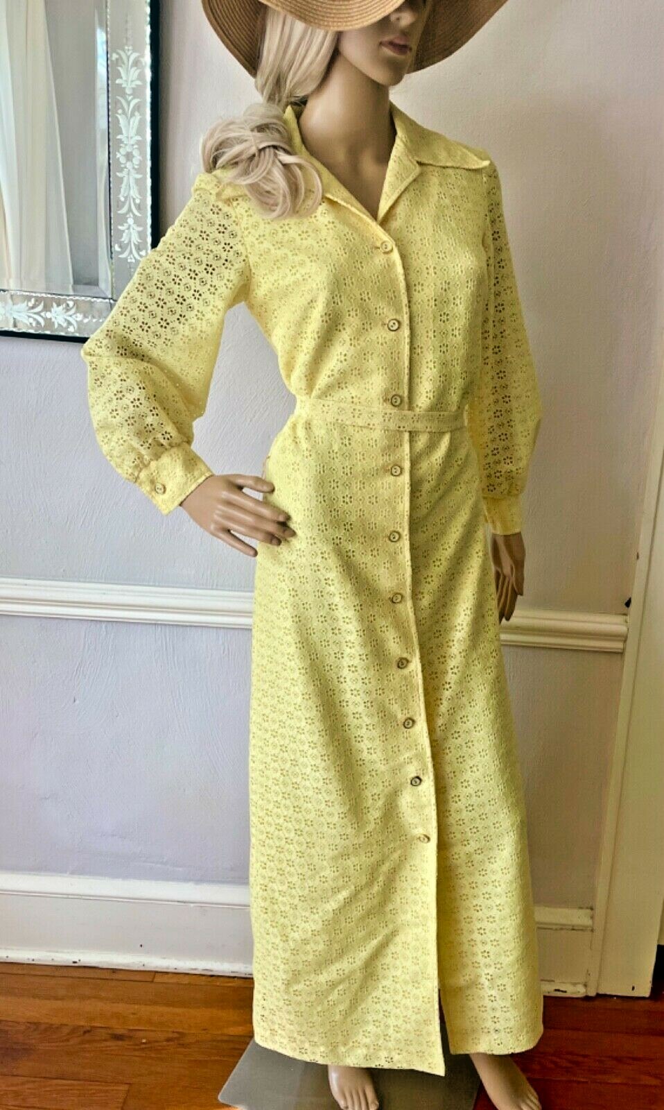 Beautiful Vintage 1960s Maxi Dress, Daffodil Yellow Eyelet Overlay, Size 10 Poly