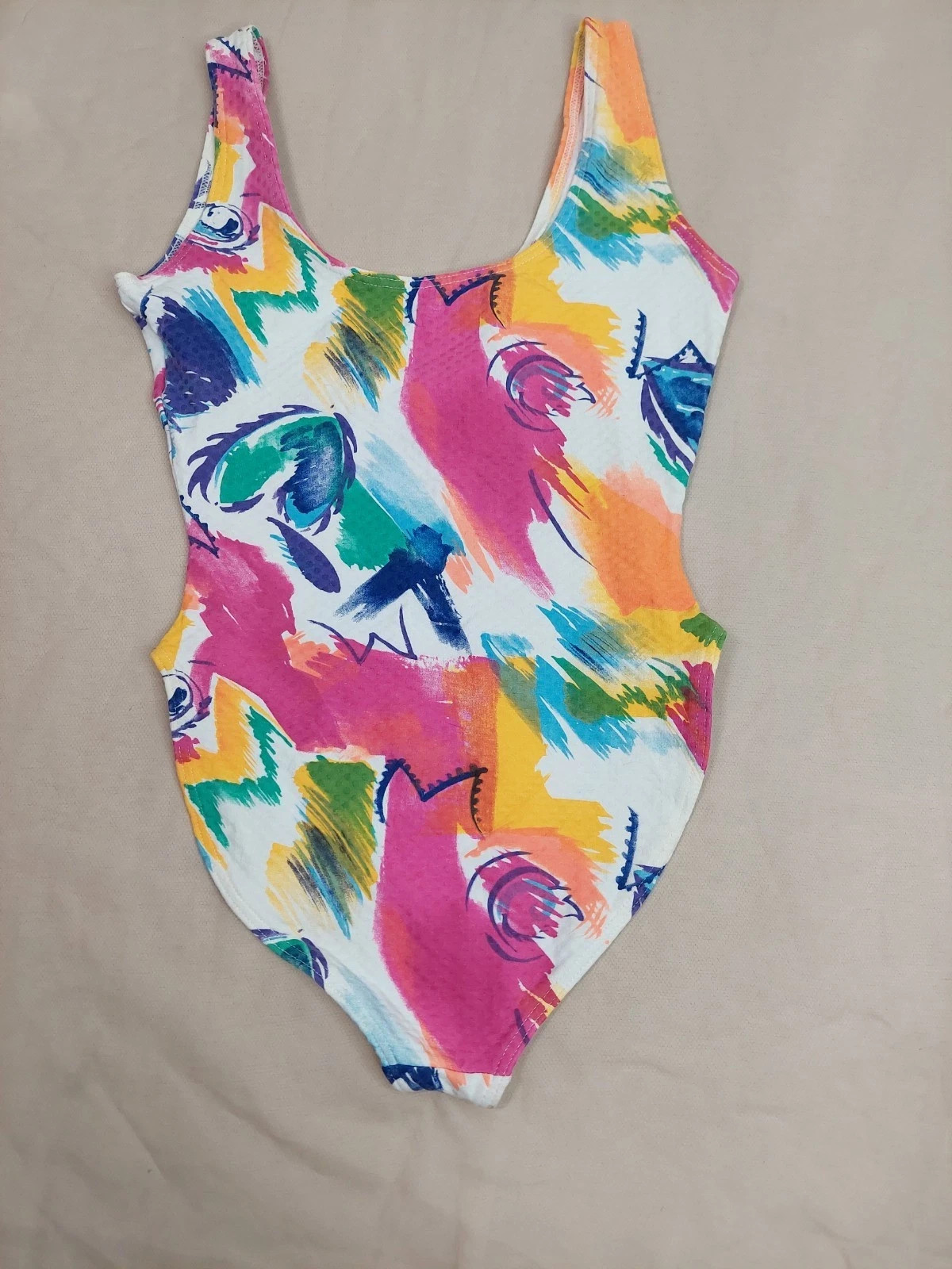 Vintage 90s Abstract One Piece Swimsuit Colorblock Cotton Lycra Neon Retro Y2K
