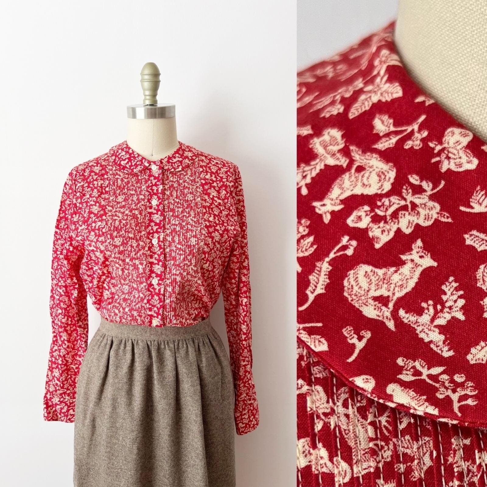 SIZE S Fox Print Toile Blouse, Pintuck Peter Pan Collar Long Sleeve Cotton Shirt