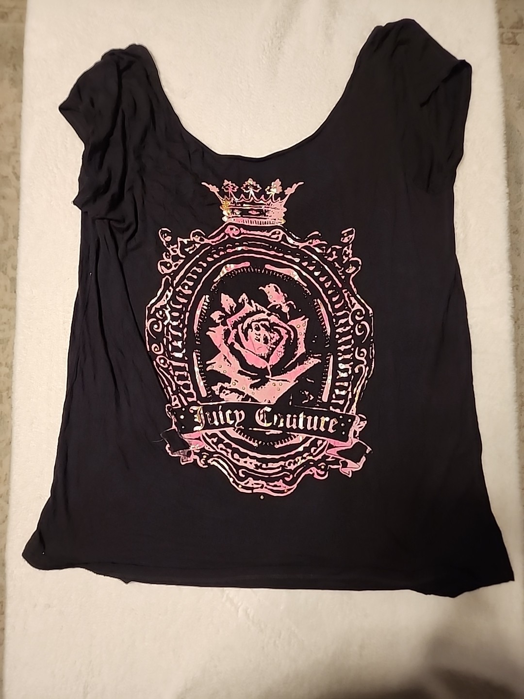 Y2K Vintage Juicy Couture Black Top Shirt XL Pink Crest Logo Bling