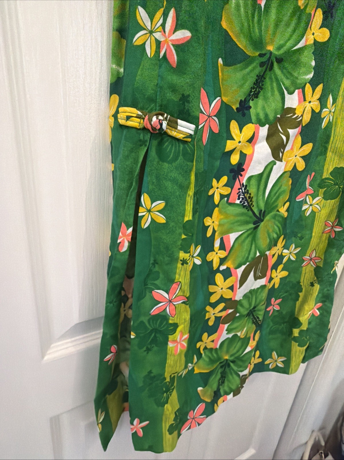 Vintage Royal Hawaii Green Yellow Pink Floral Hawaiian Maxi Dress Tiki Side Slit