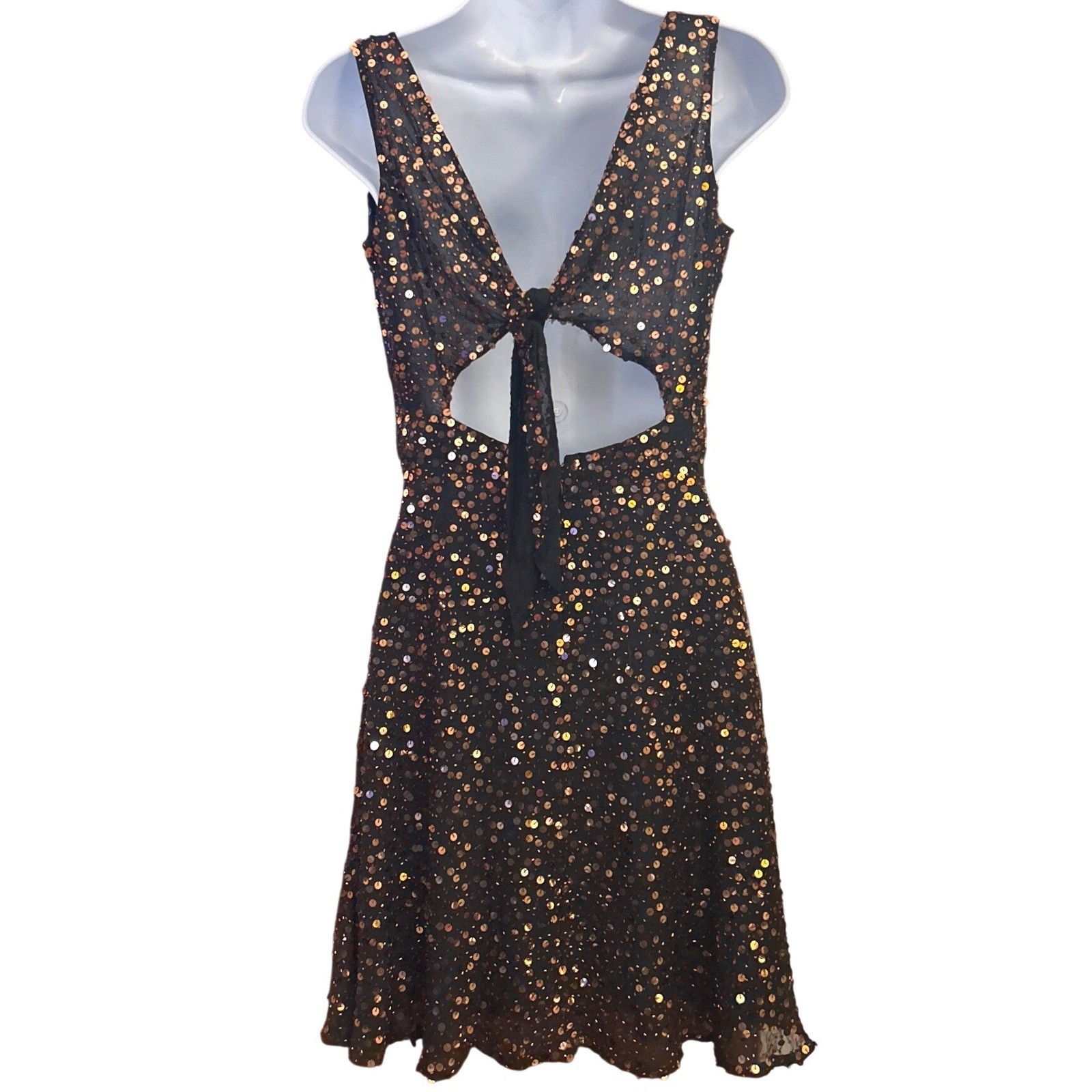 Vintage Niteline Della Roufogali Silk Sequin Cocktail Dress Black Copper Glam