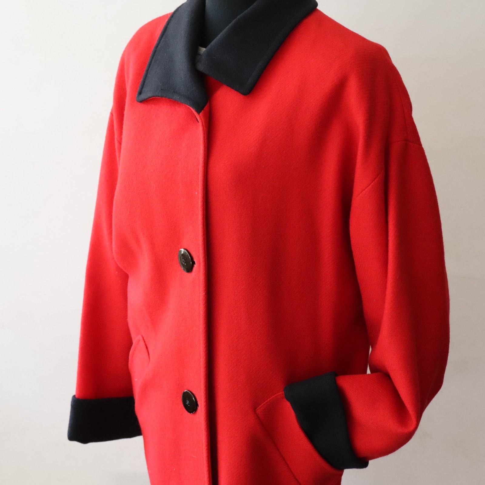 Vtg 1950s Virgin Wool Pendleton Mid Length Coat Red w Black Collar Sz Lg? USA!