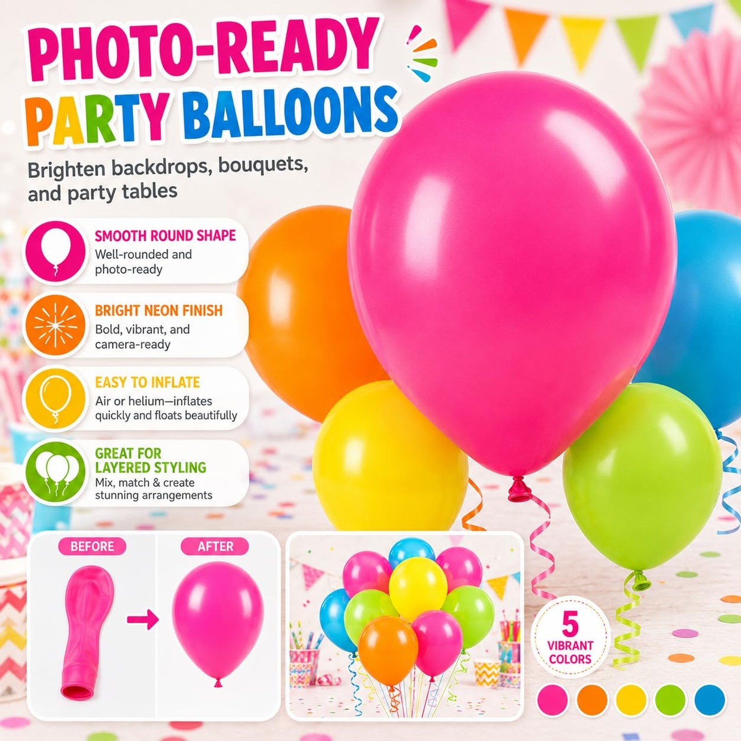 Rainbow Balloons, 50Pcs 12 Inches Yellow Orange Hot Pink Lime Green Neon Ball…