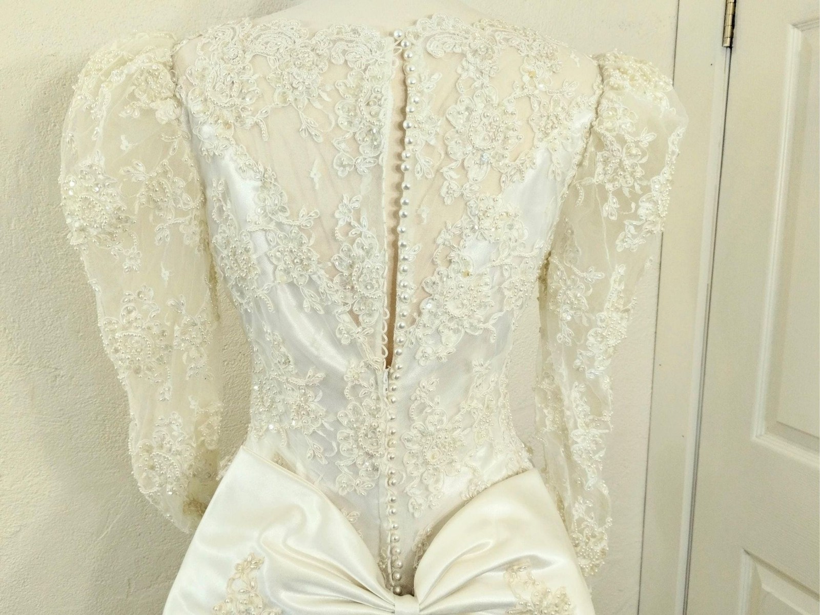 Vtge 80s Wedding Dress: Ivory Satin, Pearls, Sequins, Puff Sleeves, Basque Waist