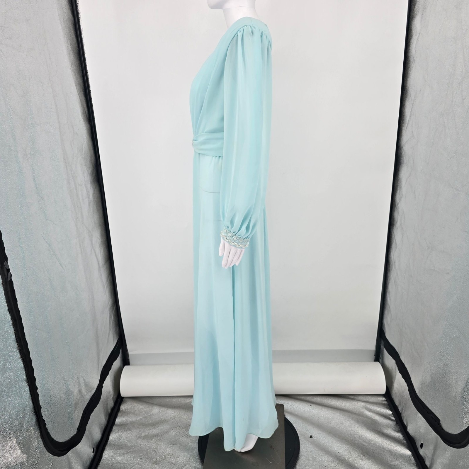 Vintage 1970s Powder Blue Chiffon Beaded Bodice Formal Maxi Dress/Gown (M)
