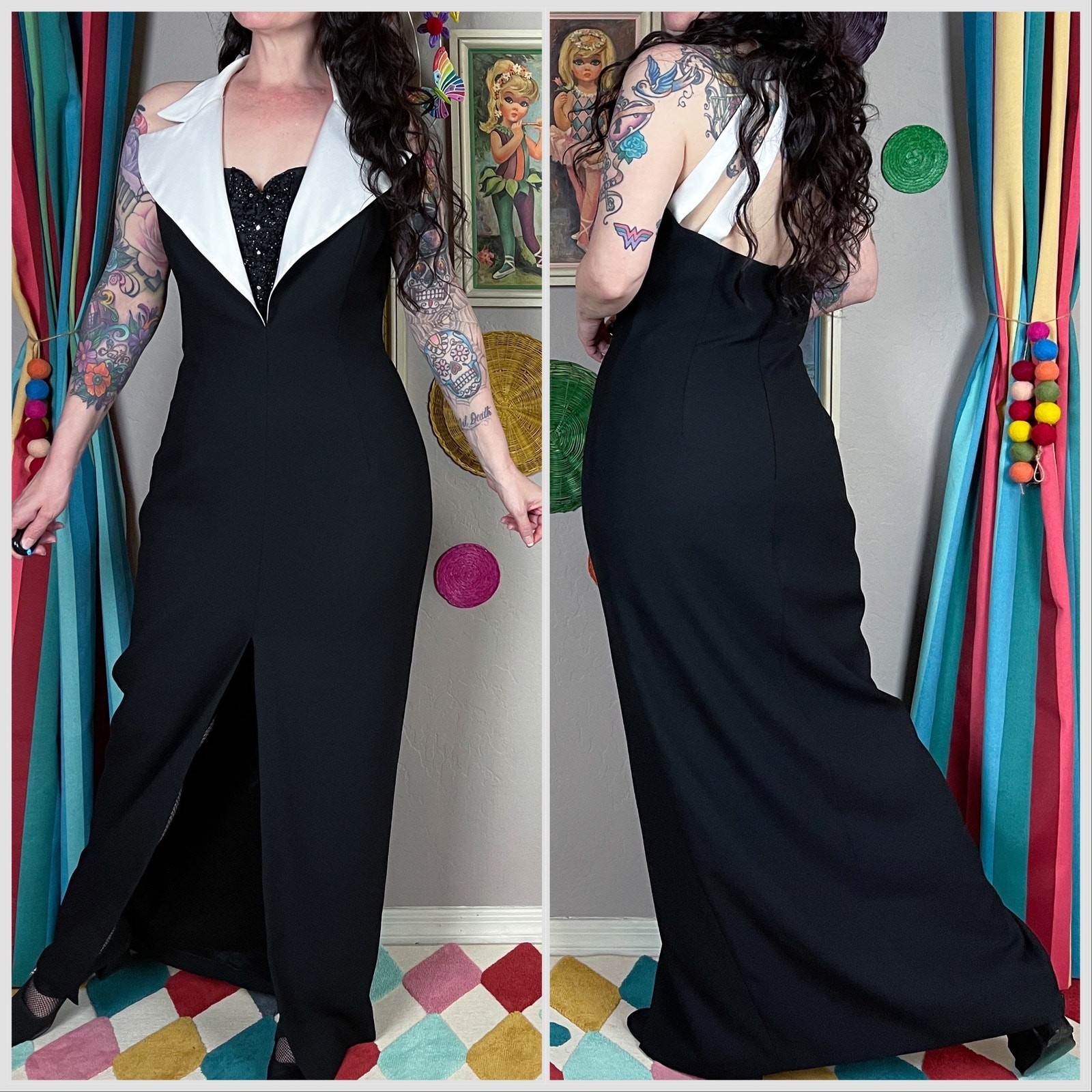 Vintage 1990s Black and White Sleeveless Tuxedo Gown | 30&Prime; Waist