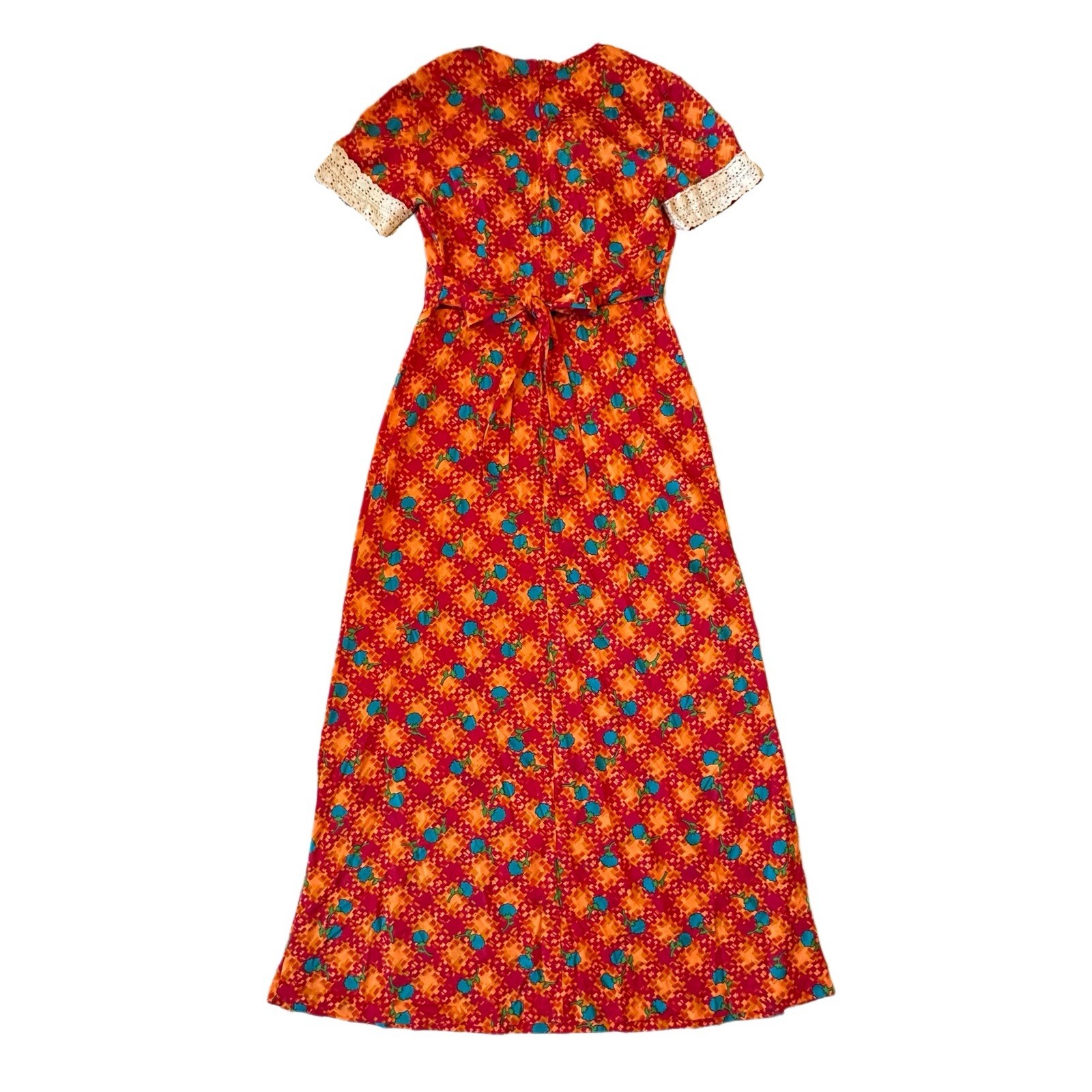 Vintage 70s JC Penny Nylon Dayglo Prairie Disco Crochet Orange Maxi Dress Vtg 17