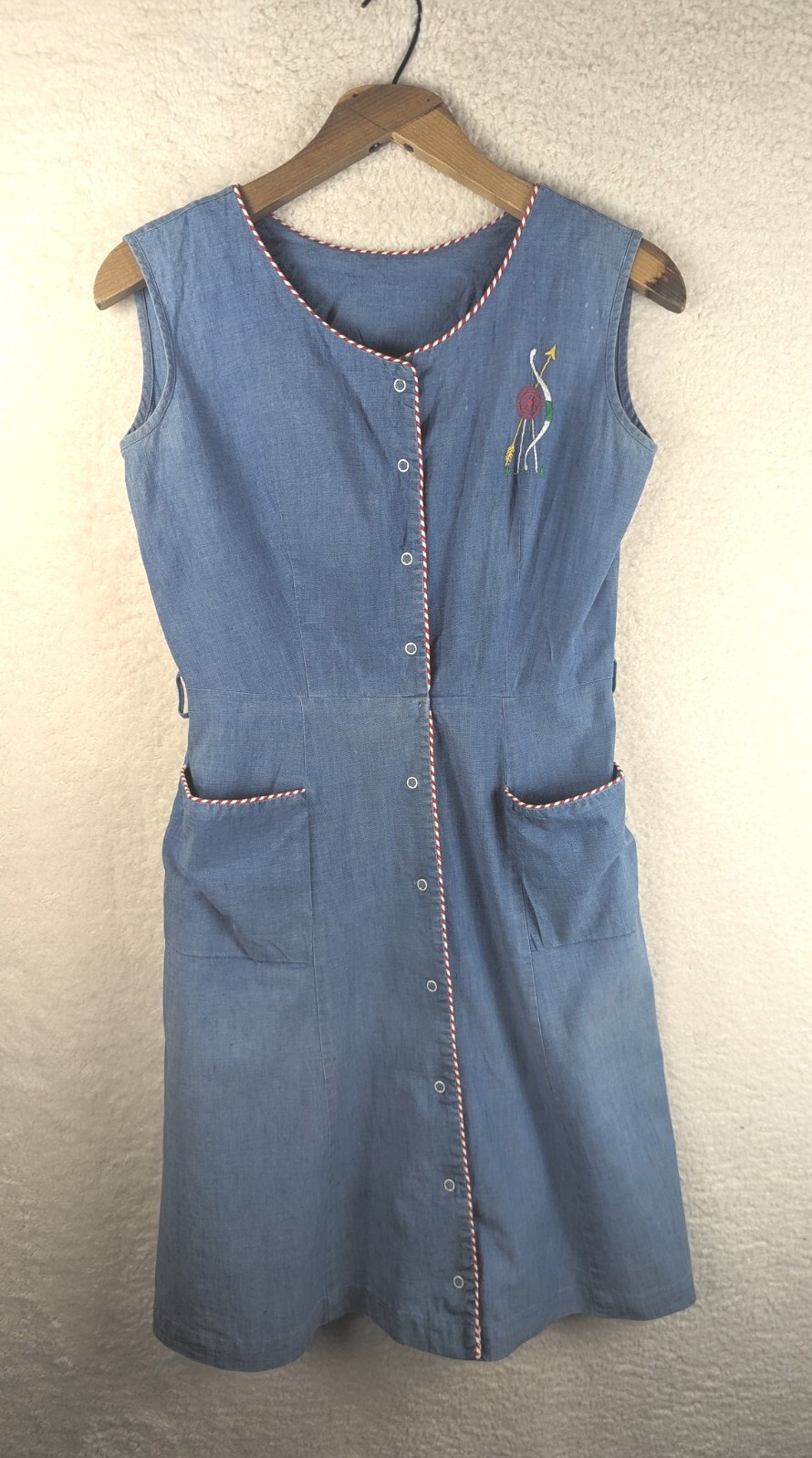 Vtg Pat Perkins Romper Dress Archery Embroidered Denim Chambray Look Pockets