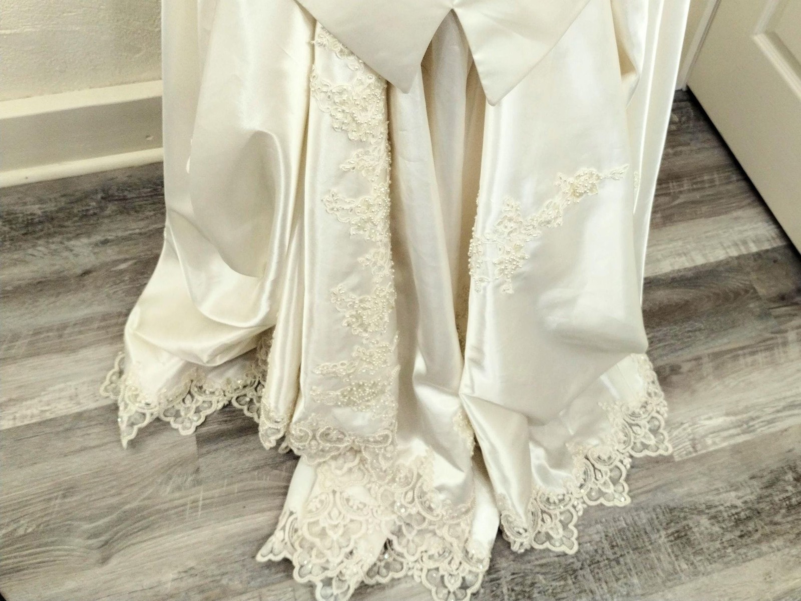 Vtge 80s Wedding Dress: Ivory Satin, Pearls, Sequins, Puff Sleeves, Basque Waist