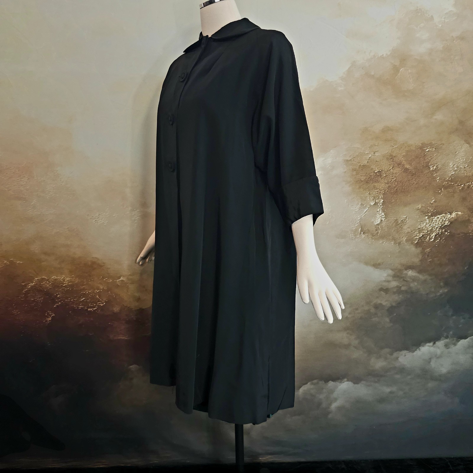Vintage 1950s Coat Jacket Swing Coat Lightweight Black Half Sleeve Buttons Pinup