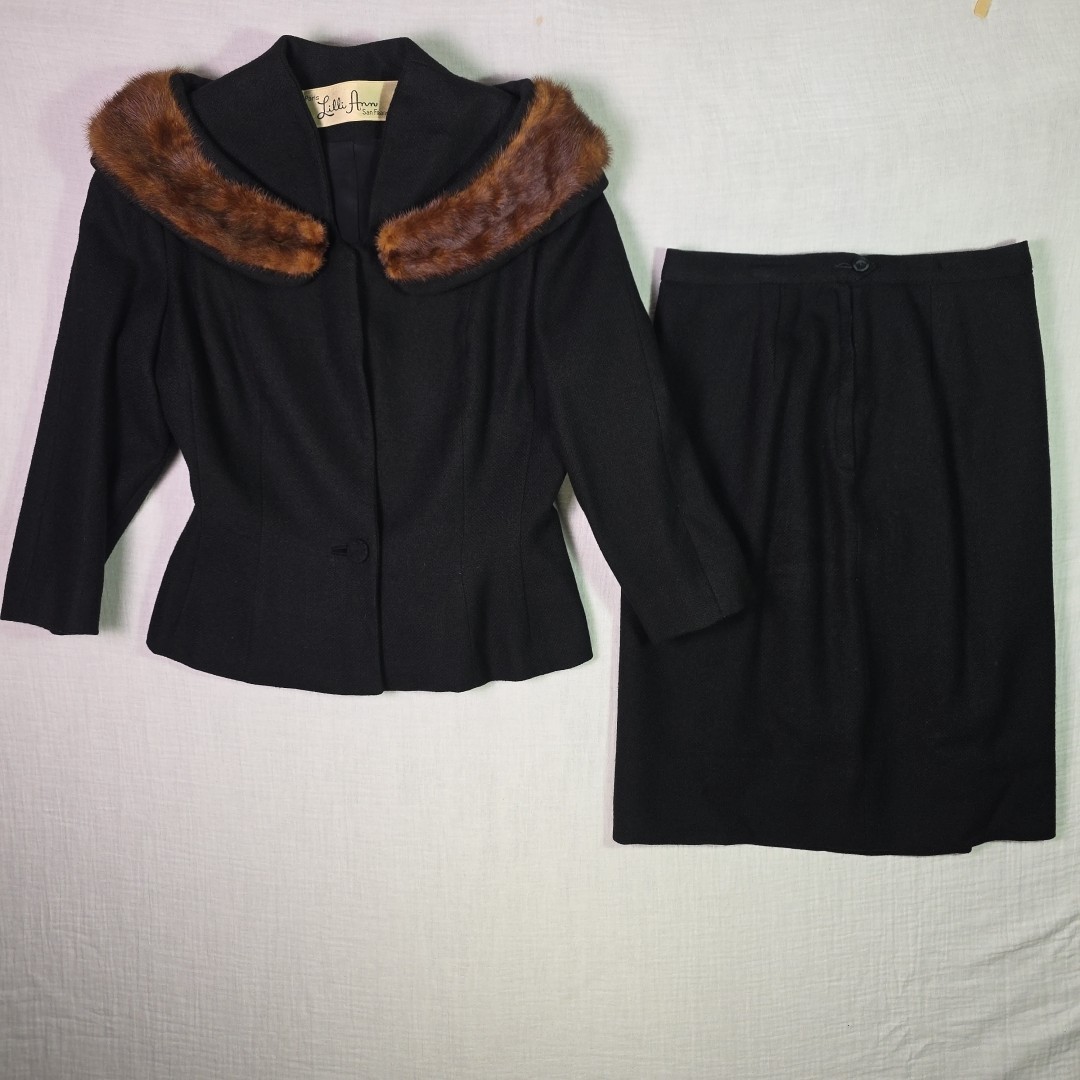 Vintage Lilli Ann Black Wool Suit Set w Genuine Fur Collar 2 Pc Small