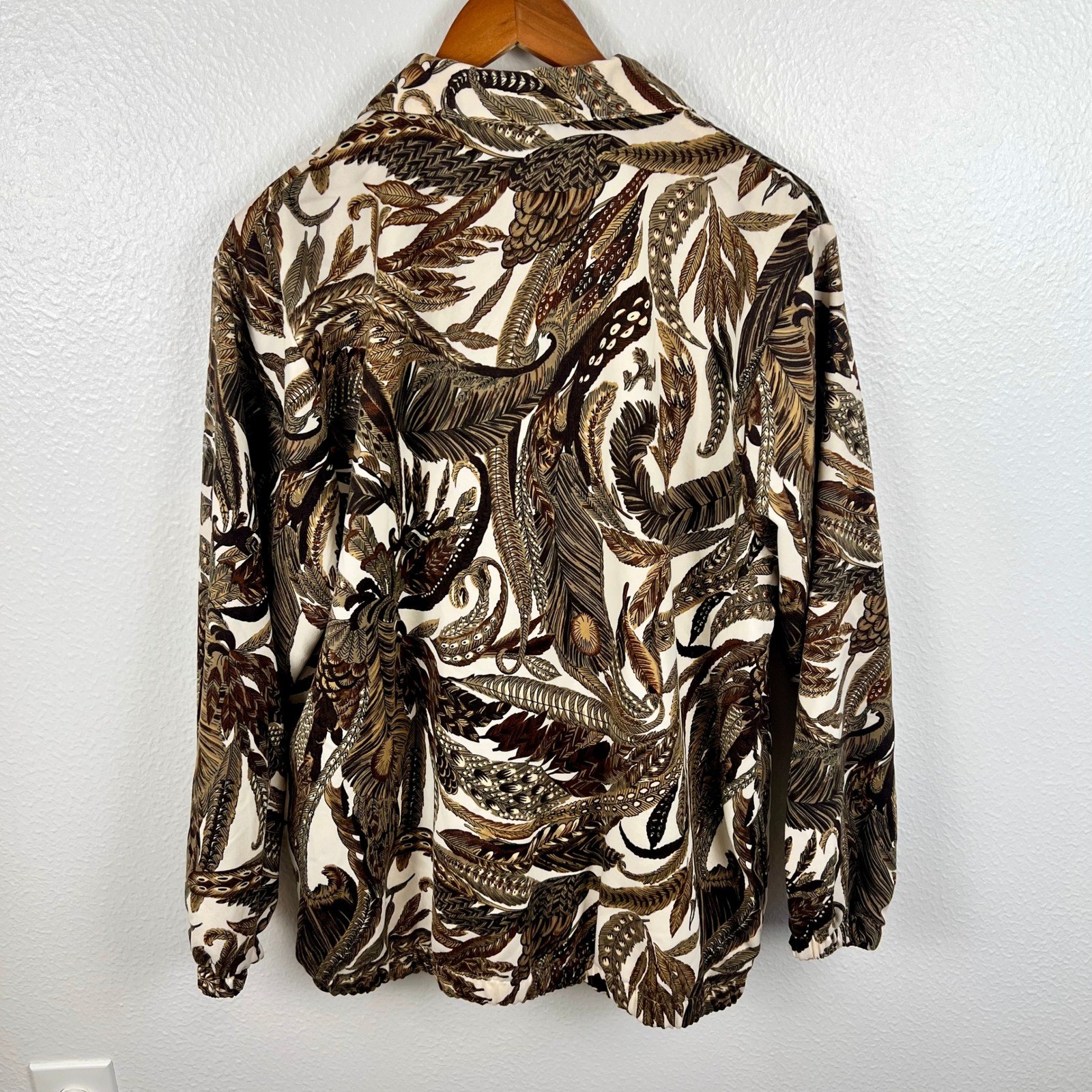 Vintage Feather Pattern Zip Up Jacket Womens Medium Oversized Artsy Indie Nature