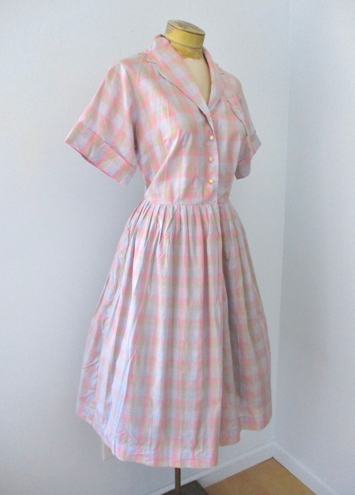 NOS w/Tag Vtg 50s Rockabilly Pink Shadow Plaid Shirtwaist Dress Sawtooth Trim 16