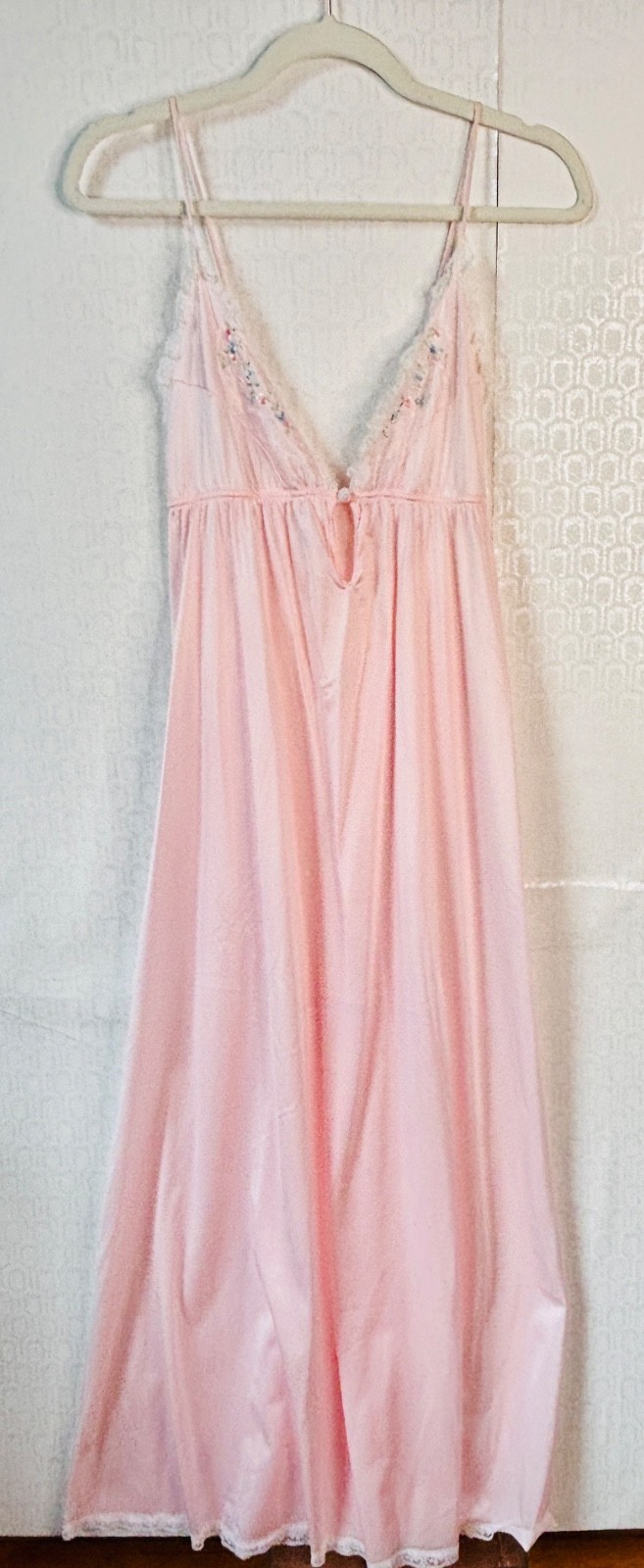VTG VAL MODE BOHO GODDESS PINK WHITE LACE FLORAL EMBROIDERED NIGHTGOWN DRESS*S