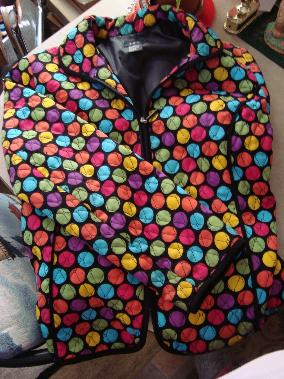 Vintage RQT ART TO WEAR Jacket*Multi Color « Baseball »Polka Dots*XL*Lined*Quilted