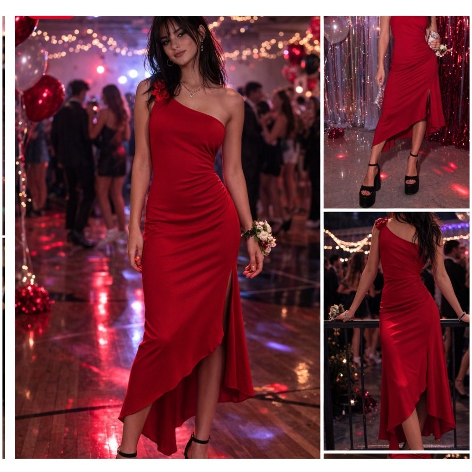 Vintage 90s One Shoulder Fitted Red Dress Size Medium Made USA Formal Party