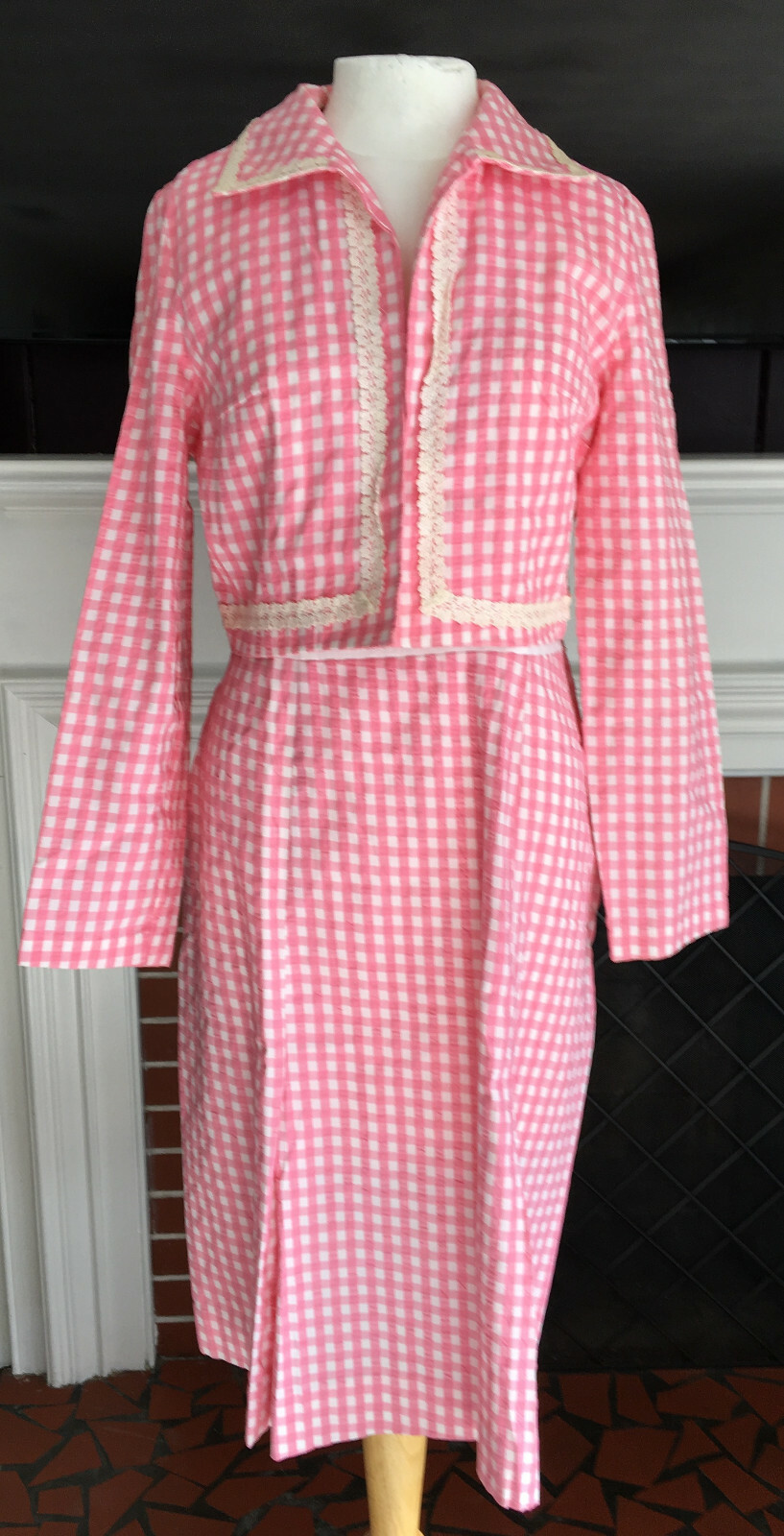Vintage Pink White Gingham Check Sleeveless Shift Dress w/ Jacket Size 12 1960s