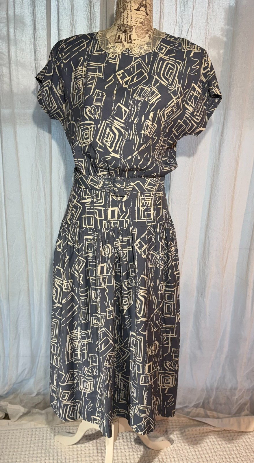 Vtg 80s Abstract Drop Waist Dress RAYON Belted LACE Ed Michaels 6 Preppy NewWave