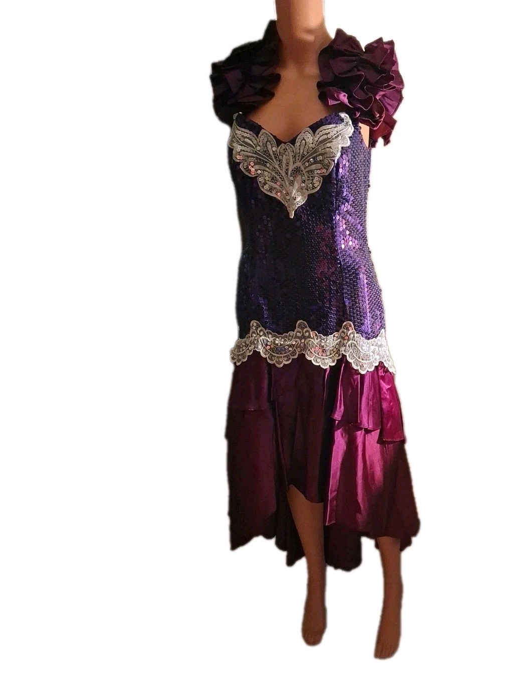 1980s Purple Sequin Ruffle High-Low Hem Party Salsa Dress Flirtations By Angelo