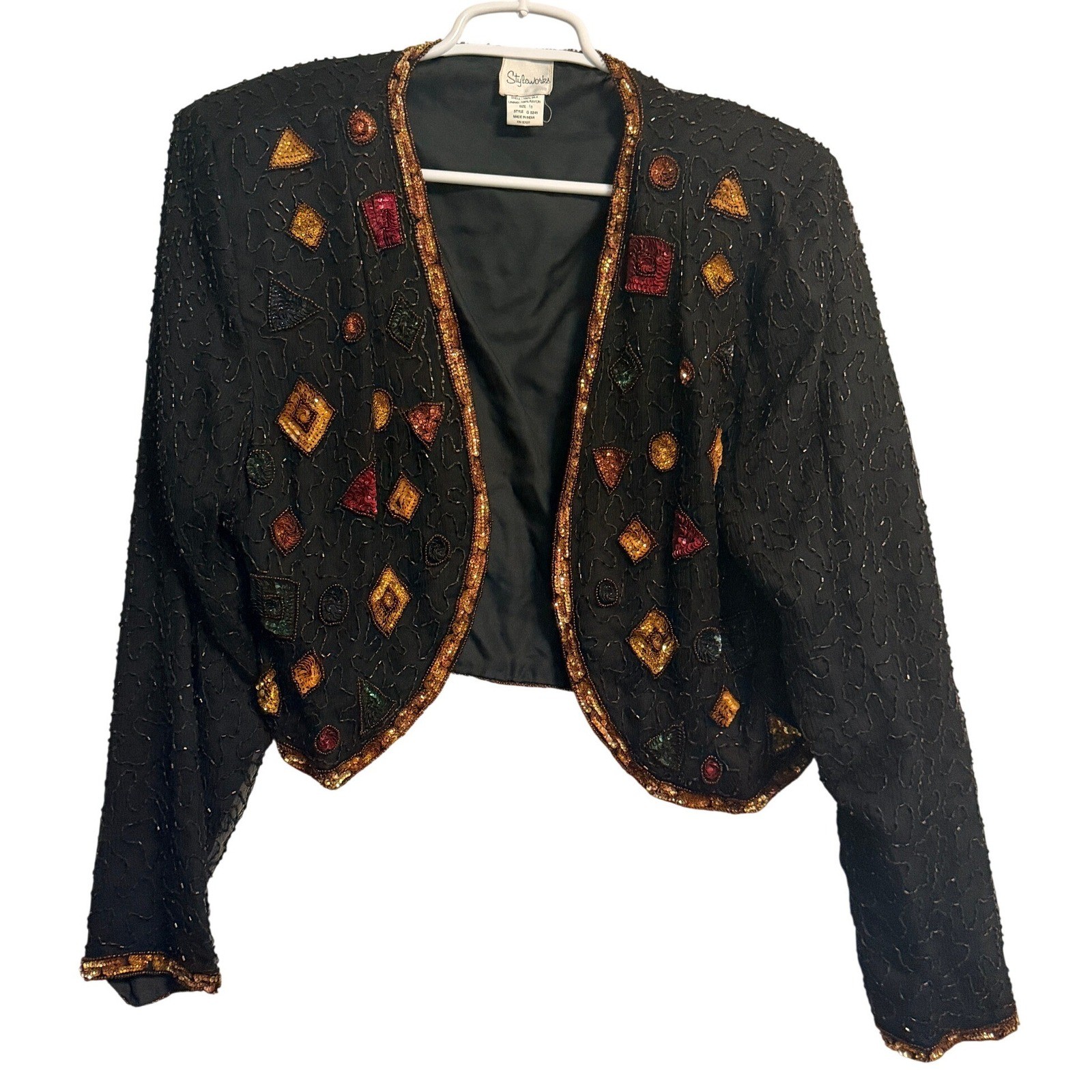 Styleworks Vintage Silk Beaded Bolero Jacket Black Geometric Evening Size 18