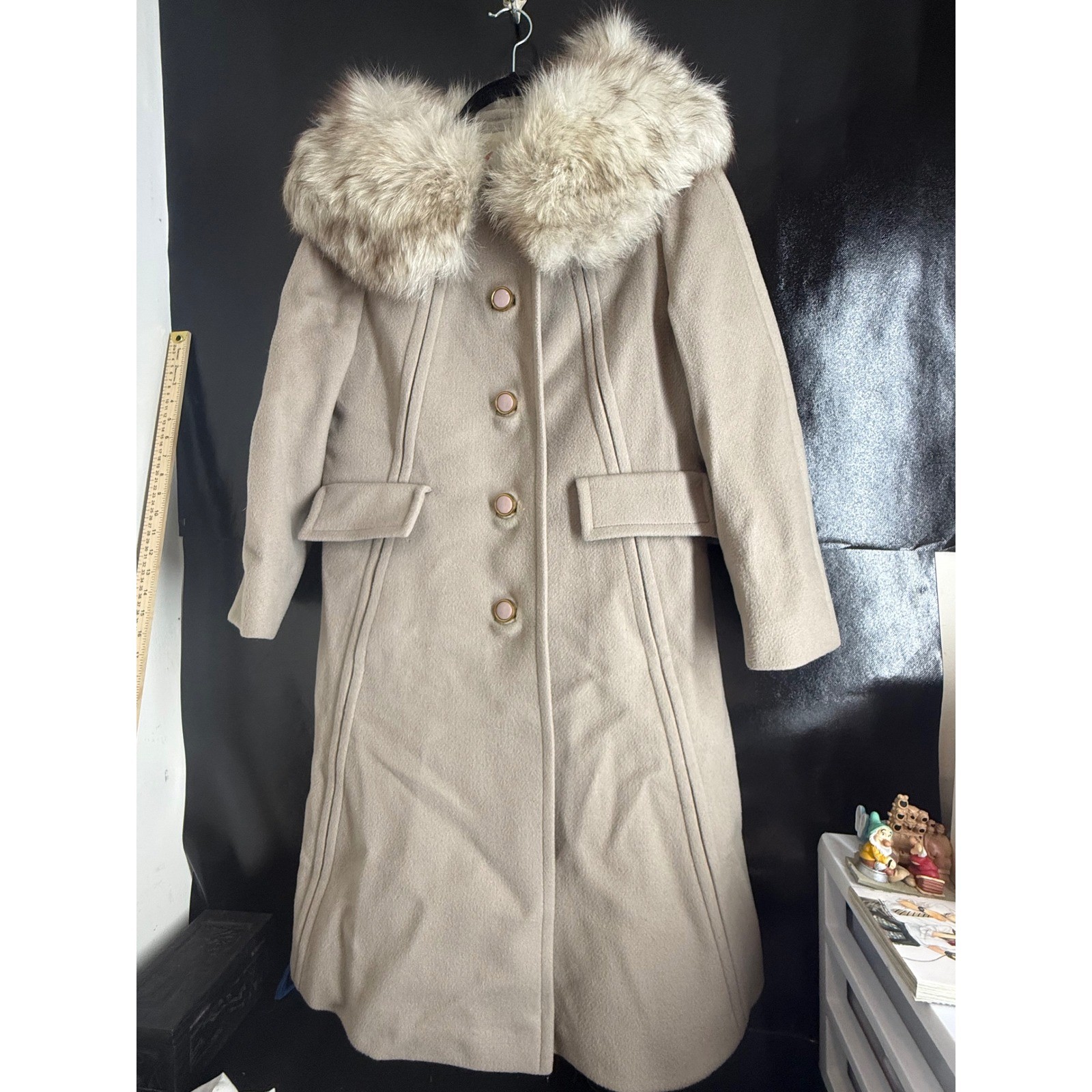 Vintage Wellesley Stevens Forstmann Wool Coat Faux Fur Collar Beige Long Jacket