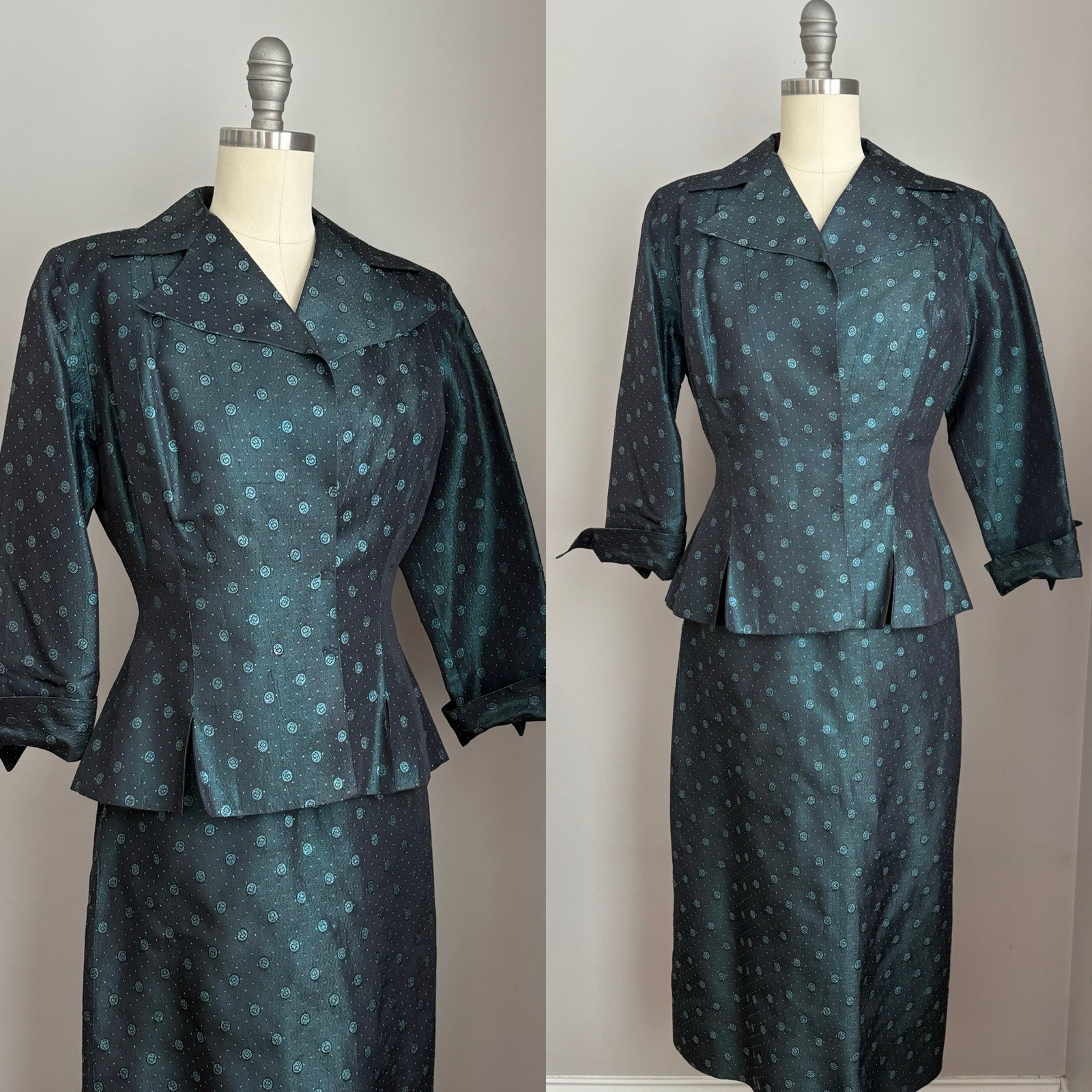 Vintage 1940’s Blue Taffeta Cherries Cherry Print Dress & Jacket Set Size XS/S