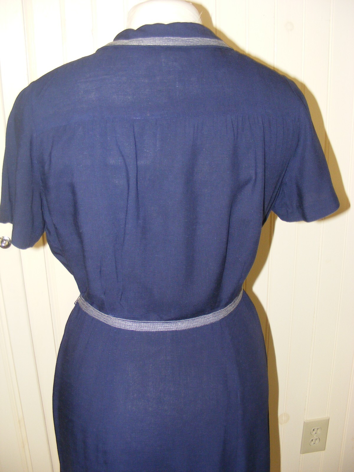 40S DRESS NAVY BLUE BUTTON UP LONG FULL SKIRT BELTED FLAT WAIST M