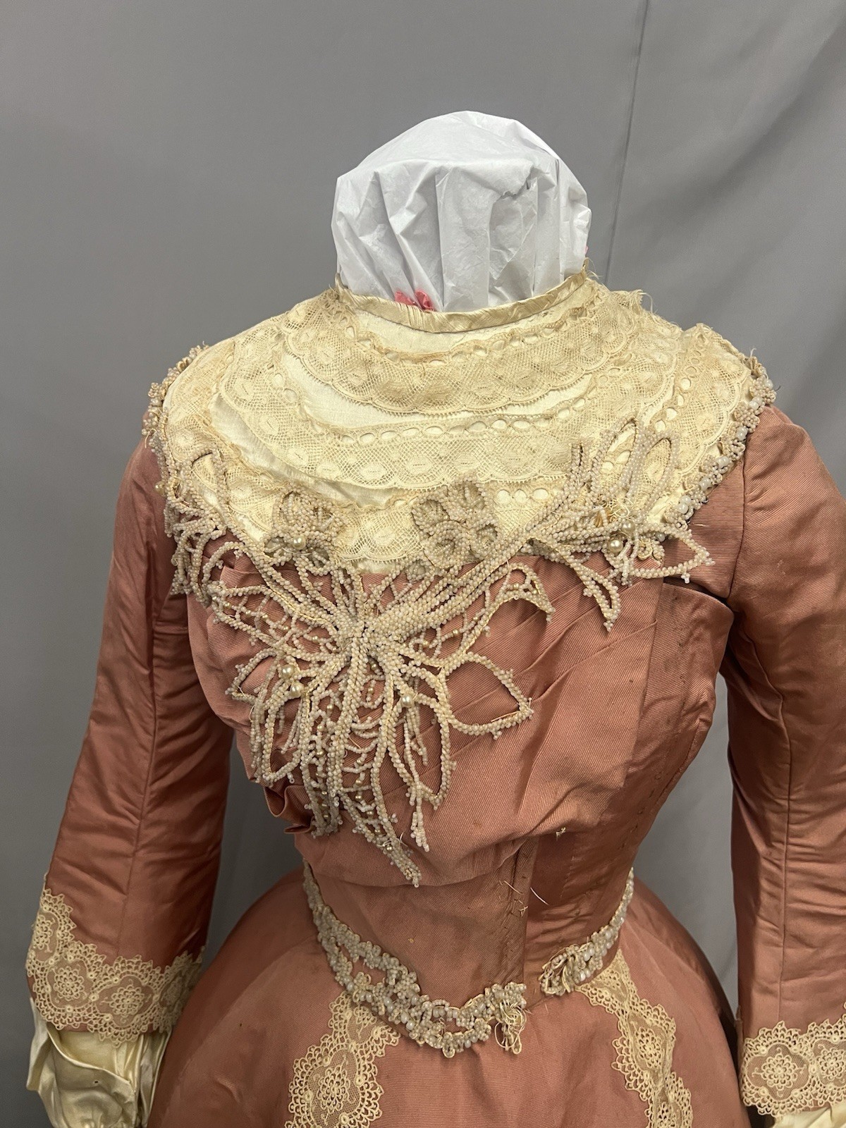 1890’s Peach Silk Faille & Lace Bustle Dinner Gown