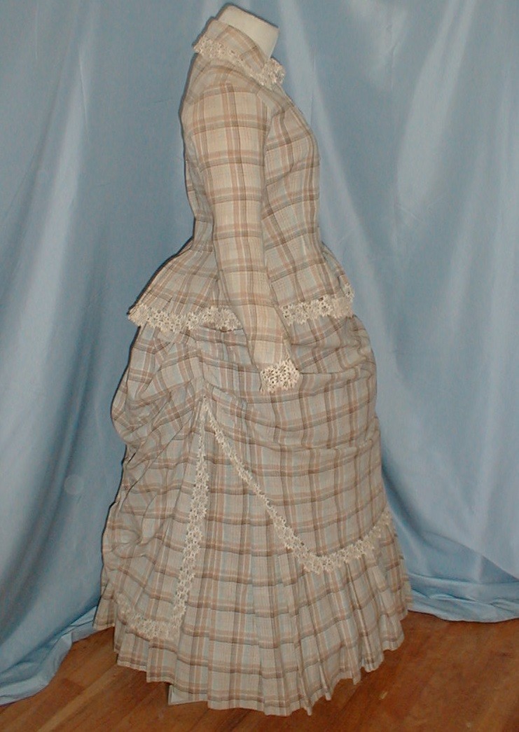 Charming Antique 3 Piece Bustle Dress Victorian 1870 Beige Plaid Cotton
