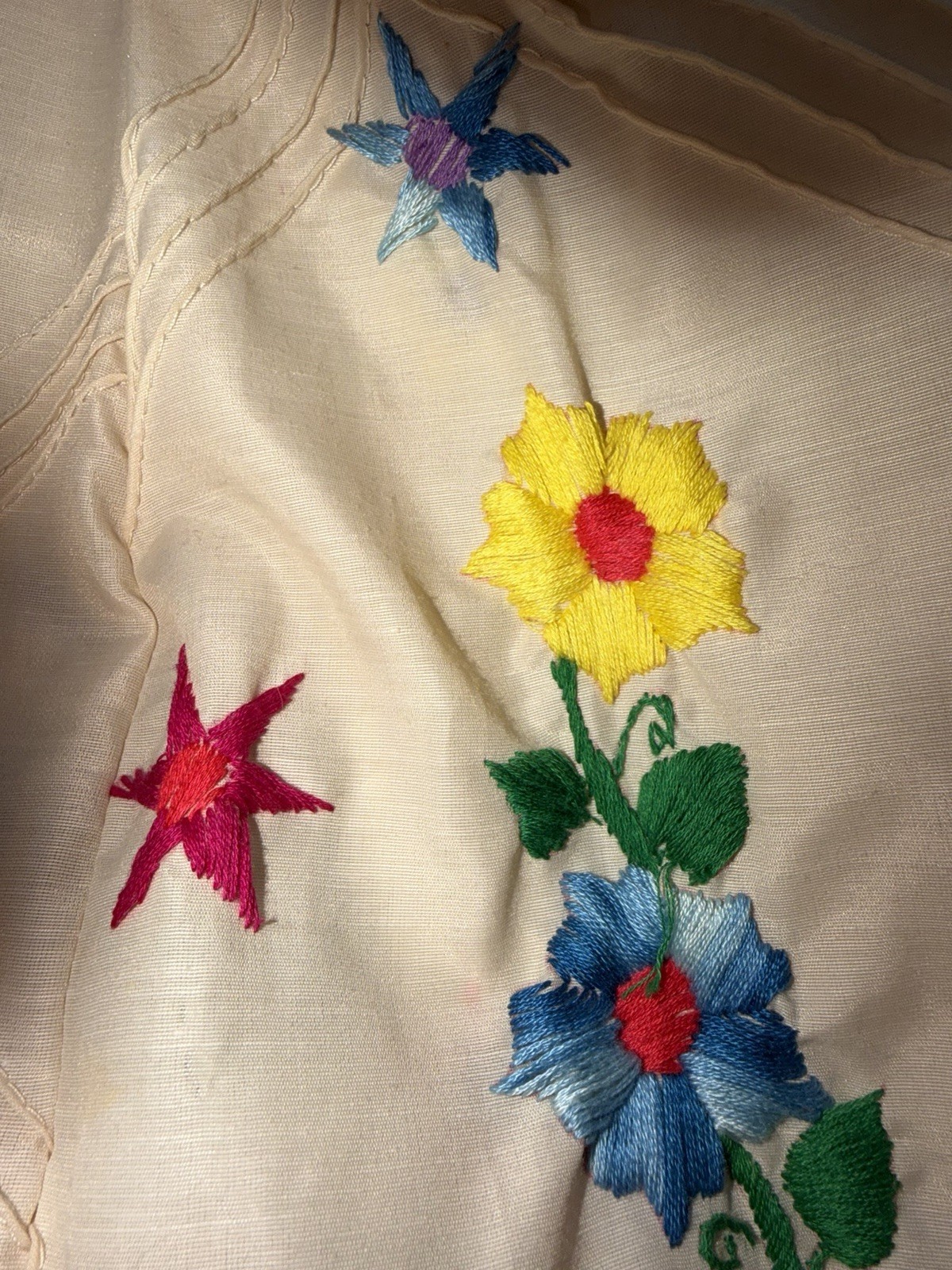 Vintage 1970s Mexican Embroidered Festival Cream Prairie Crochet DRESS