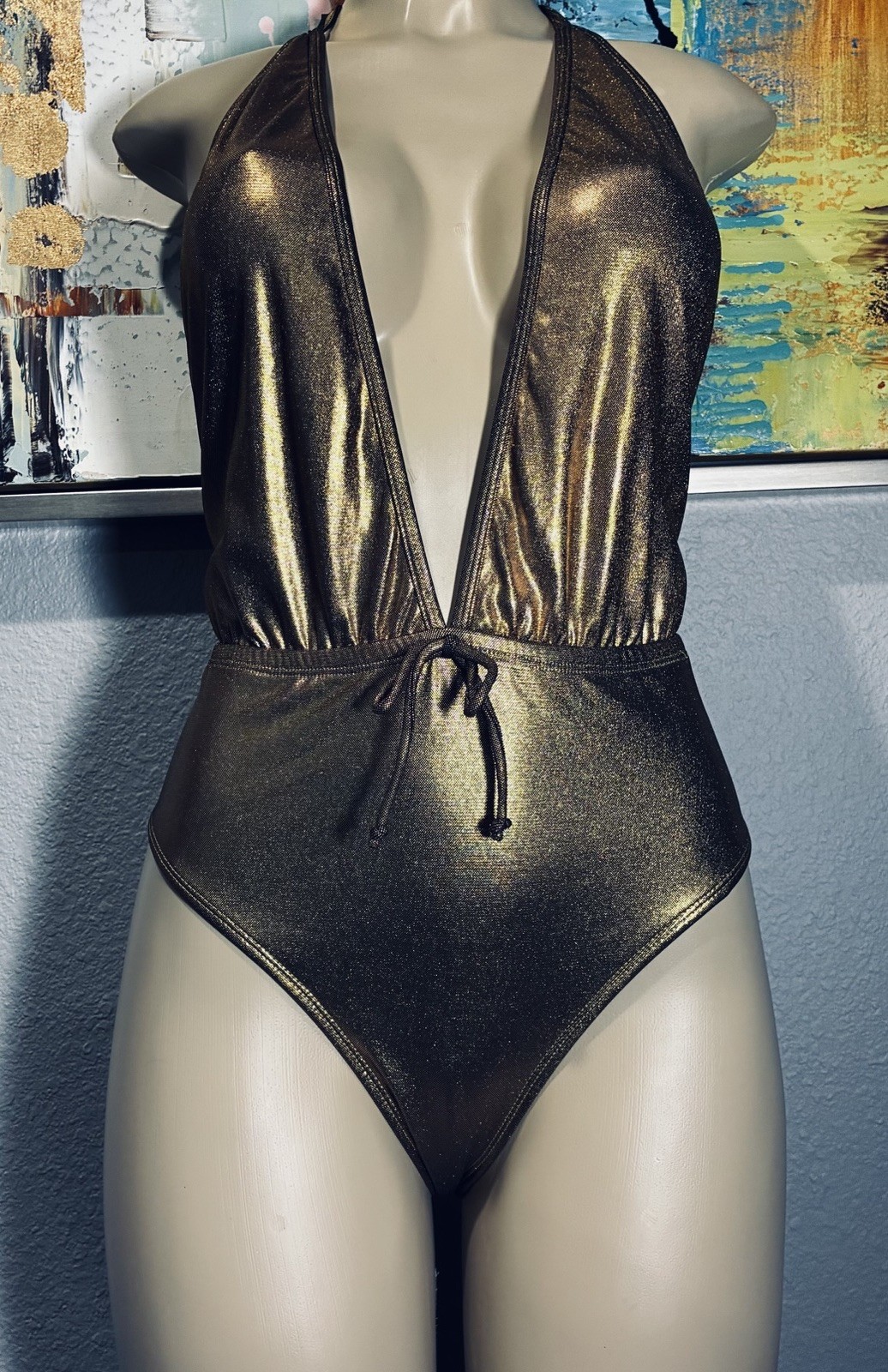 Vtg Gold Metallic One Piece Shape FX Halter Swimsuit 14