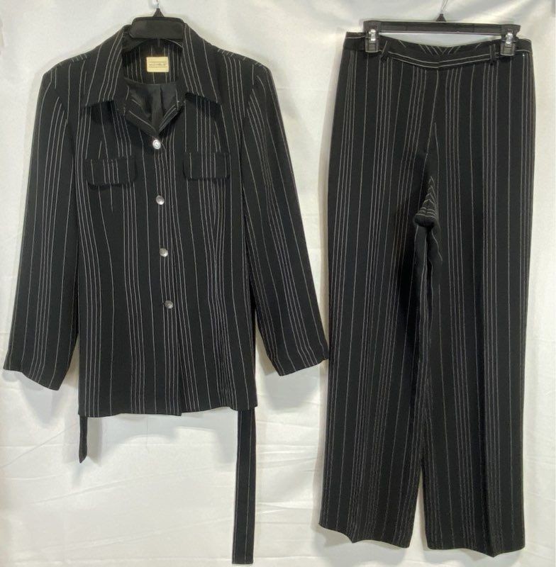Vintage 90s Michele Women&rsquo;s Black Pinstripe Pant Suit Belted Jacket Trouser Set