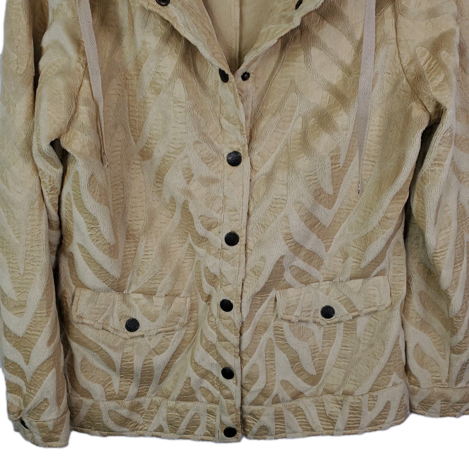 VTG Erin London Women Snap Button Jacket Small Animal Print Metallic Beige Gold