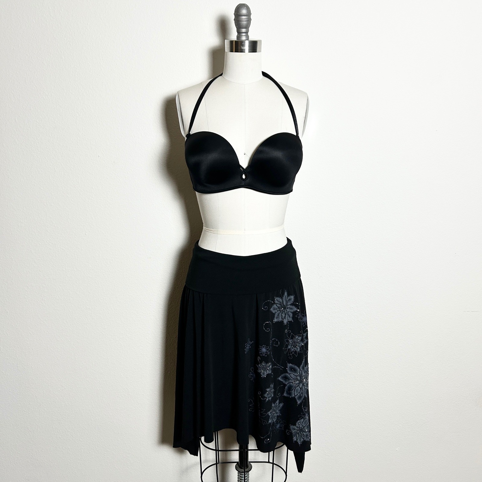 VTG Y2K ON&ON Convertible Strapless Dress Skirt Black Floral Beaded Fairy Hem OS