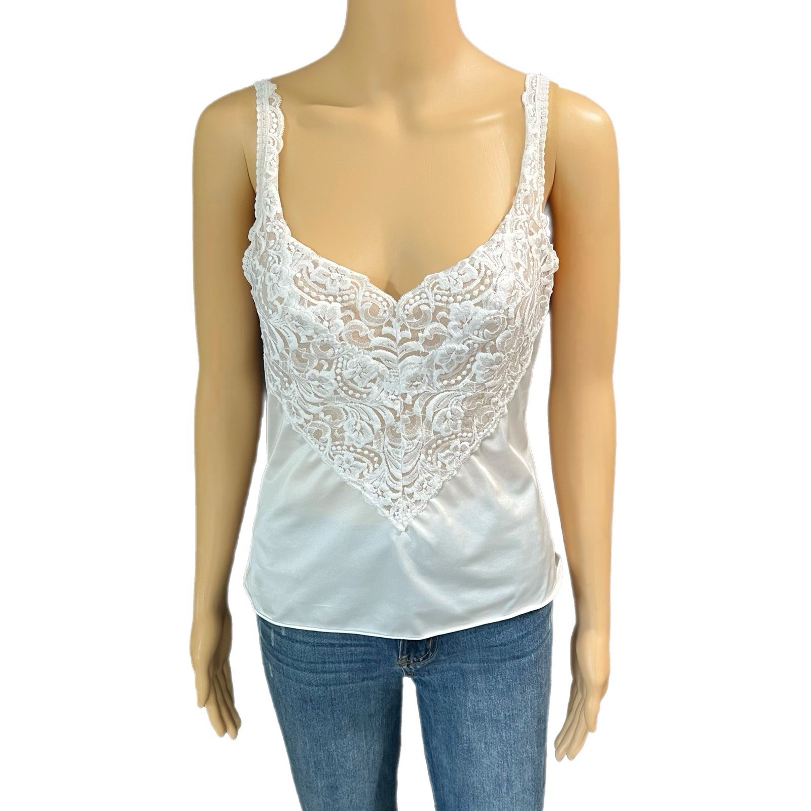 Vintage Vanity Fair Lingerie Top 80s White Lace Camisole Sheer Tank – Size 34