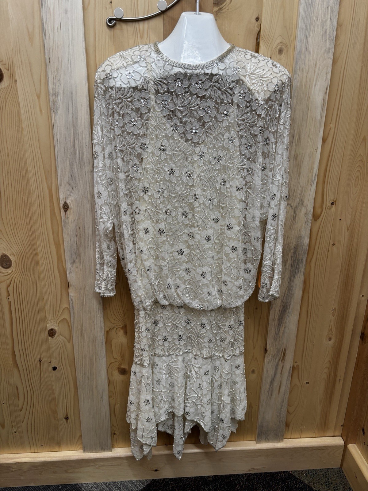 Judith Ann Creations Vintage Ivory Lace Sequin Drop Waist Dress Size Large