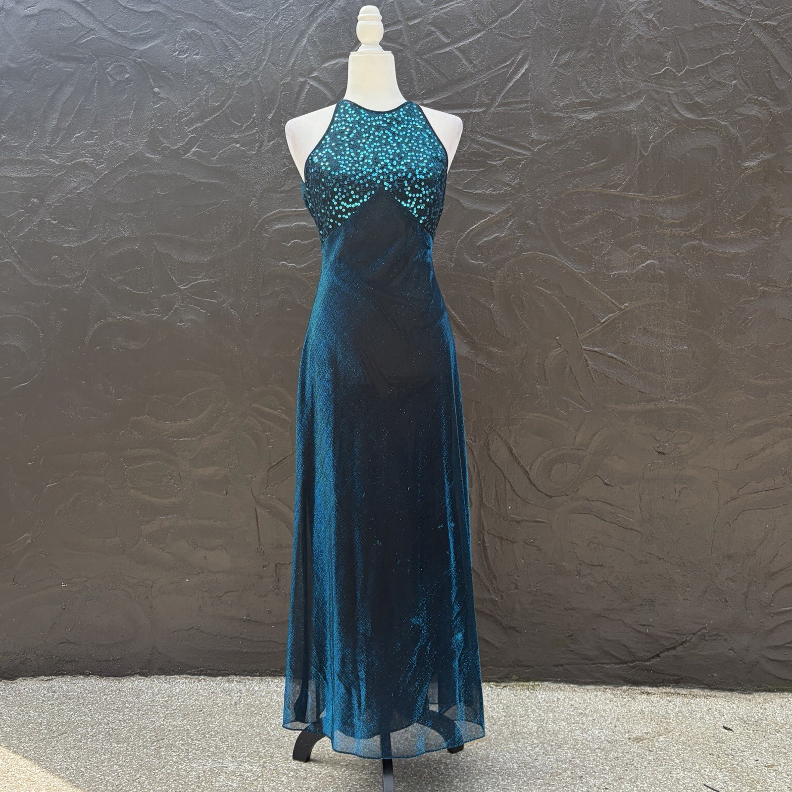 Vintage 90s Y2K Teal Blue Sequin Metallic Maxi Prom Dress Halter Open Back 7/8