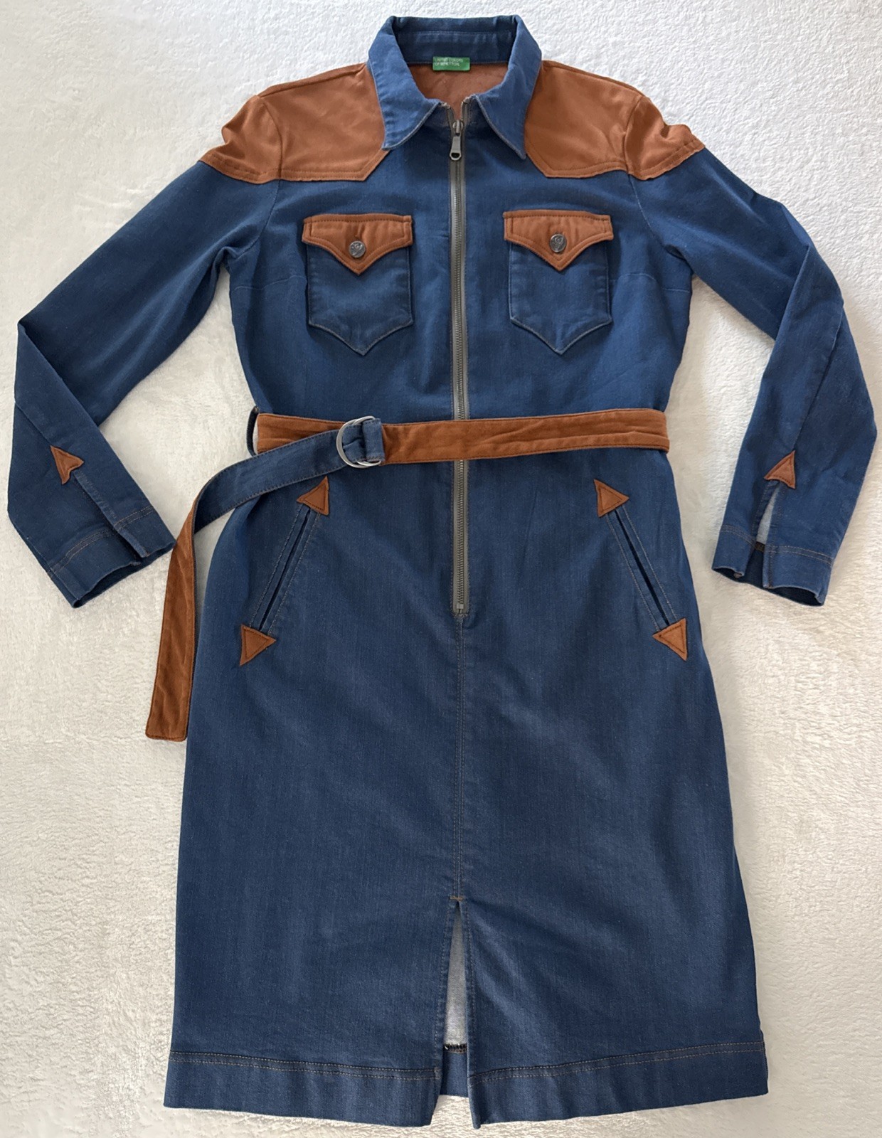 United Colors of Benetton Western Denim Jean Dress Long Sleeve LARGE Knee-Length