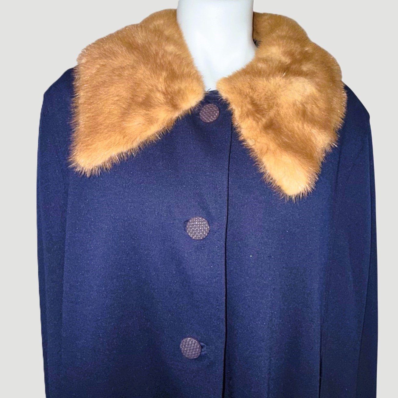 Vintage 1950s Opera Cape Cloak Navy Wool Fur Collar Swing Coat Satin Lined