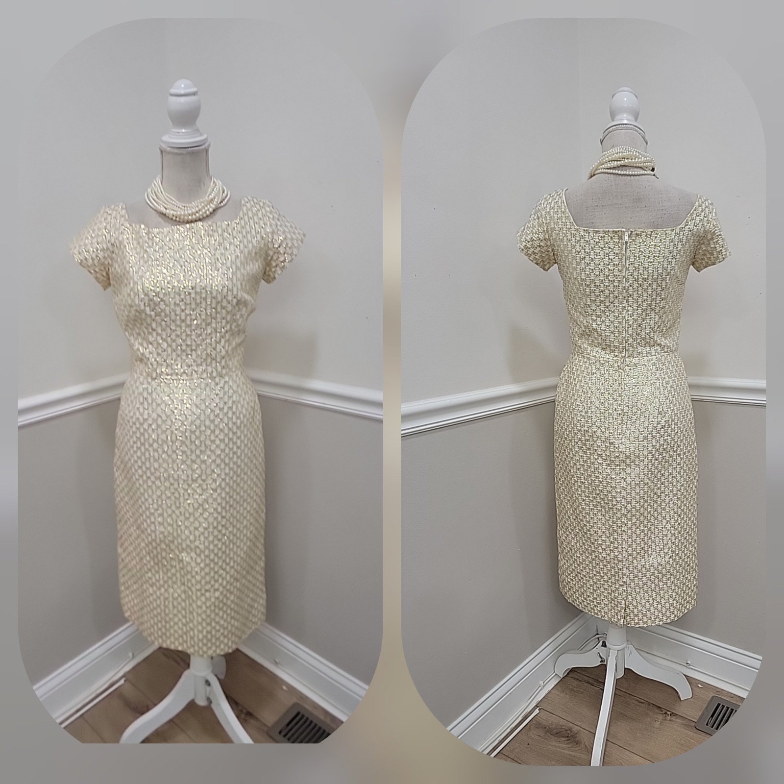 Vtg 60s Metallic Gold Brocade Cocktail Wiggle Pencil Evening Dress /Knee Length