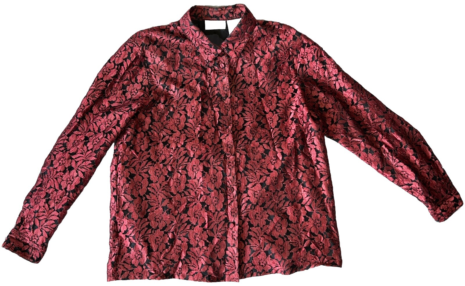 Vintage 70s QPS Womens L Blouse Button Up Rayon Floral & Nylon Mesh Black Lining