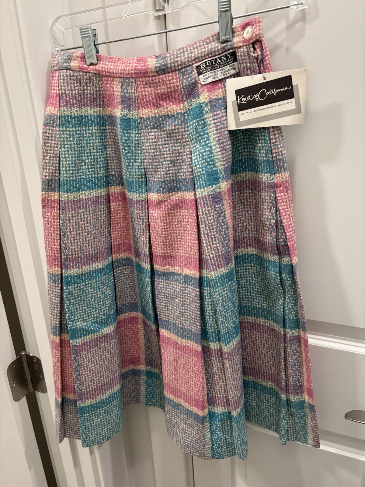 Vtg Koret Wool Boxpleat Skirt Aqua/pink Plaid 1961 New w Tags 9/10 USA Botany