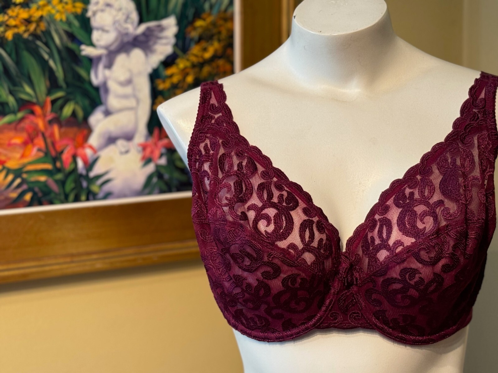 VINTAGE WACOAL 85199 ~ CABERNET ~ ARABESQUE SEMI-SHEER UNDERWIRE BRA ~ 38DD
