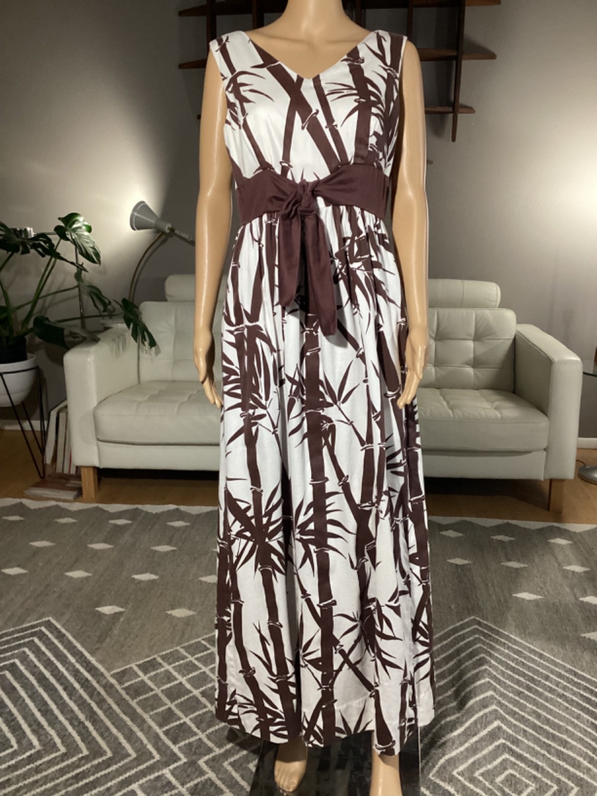 Vintage 60s 70s Ruth Clarage Hand Printed Tropical Maxi Dress Bamboo Sz 16