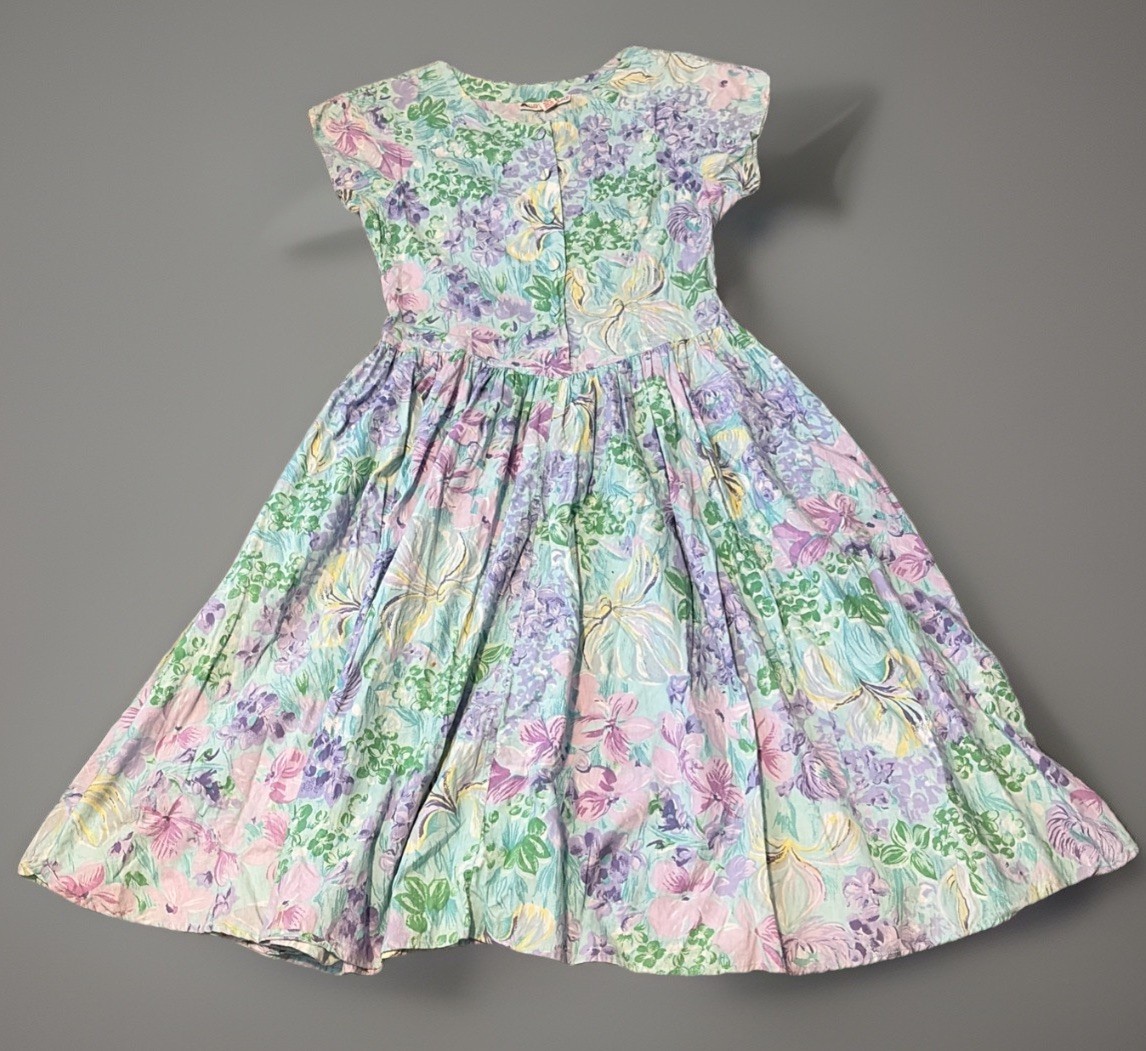 Vintage 80s Allison Blair Purple Green Floral Shirt Dress Sleeveless Size Medium