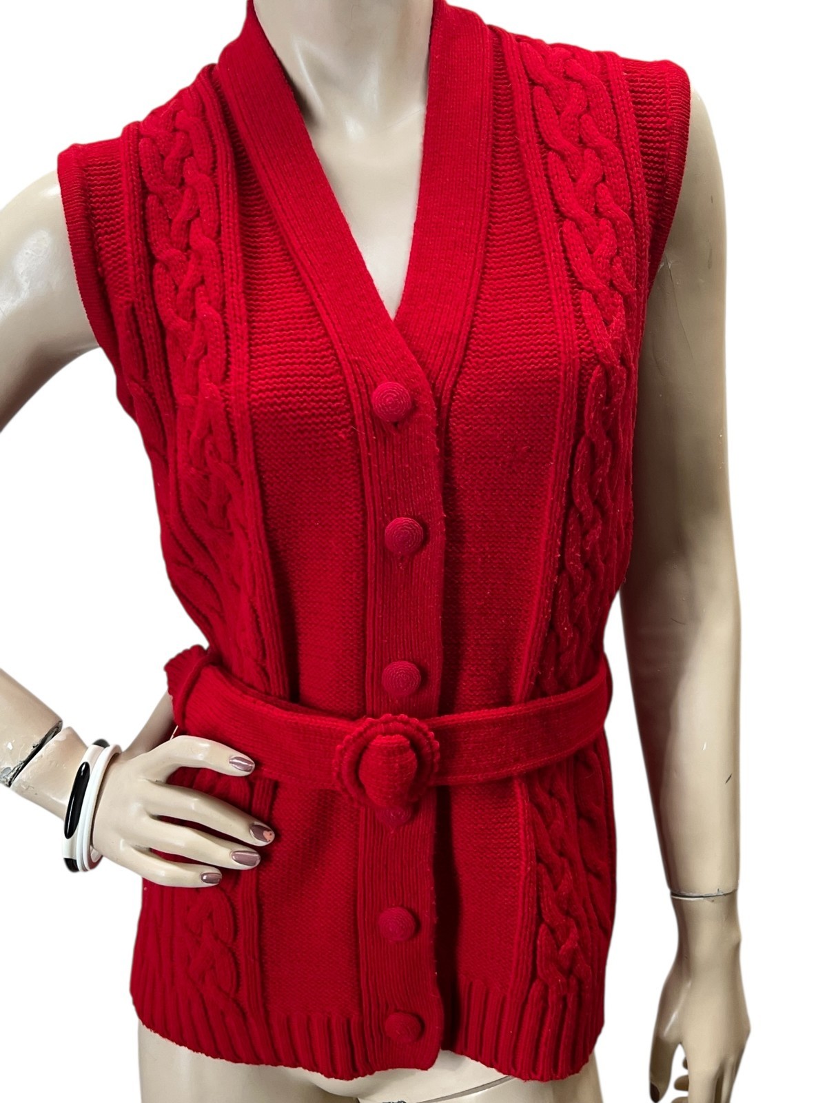 Vtg 60s 70s Sz 40 M~L Red Sweater Vest Miss Holly Acrylic Knit Belted