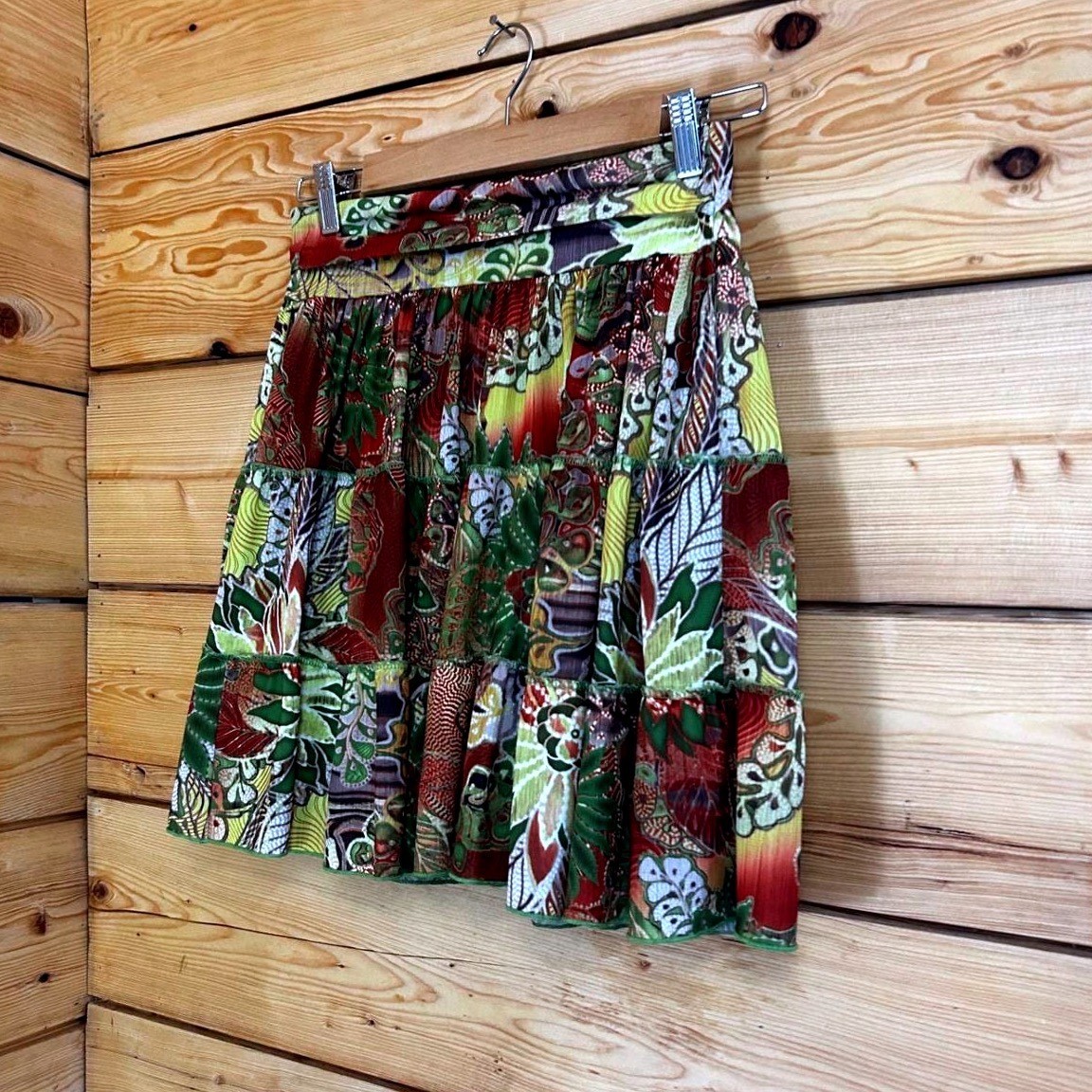 Vintage Mini Skirt Women Large Green Yellow Floral Boho Amy&rsquo;s Closet Rare Unique
