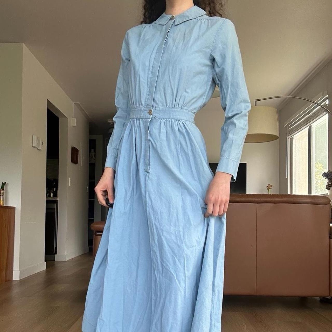 Vintage 1970s Handmade Western Chambray Dress Peter Pan Collar