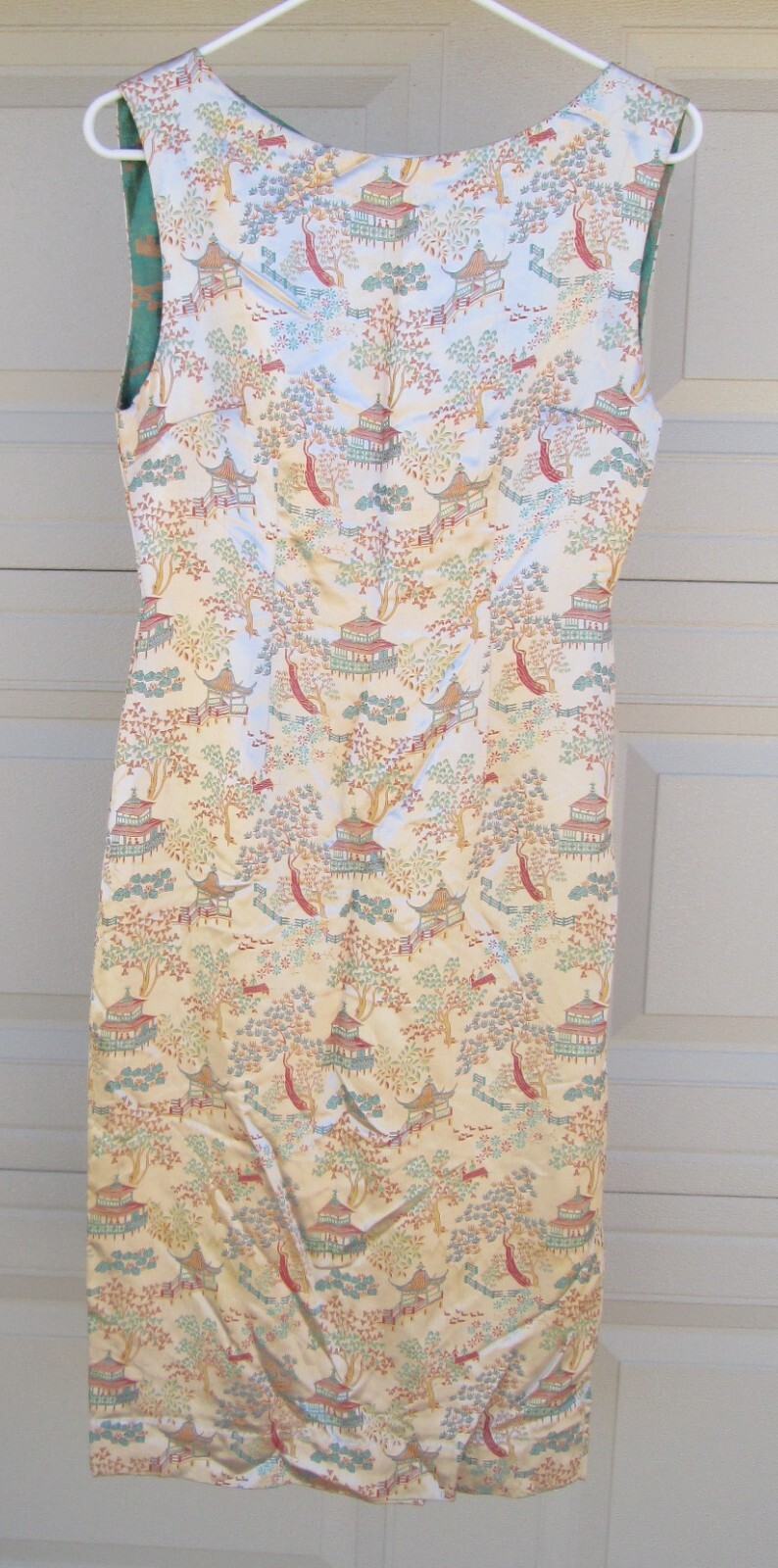 Asian Silky Cocktail Dress Peach Red Yellow Turquoise Blue Landscape Vintage
